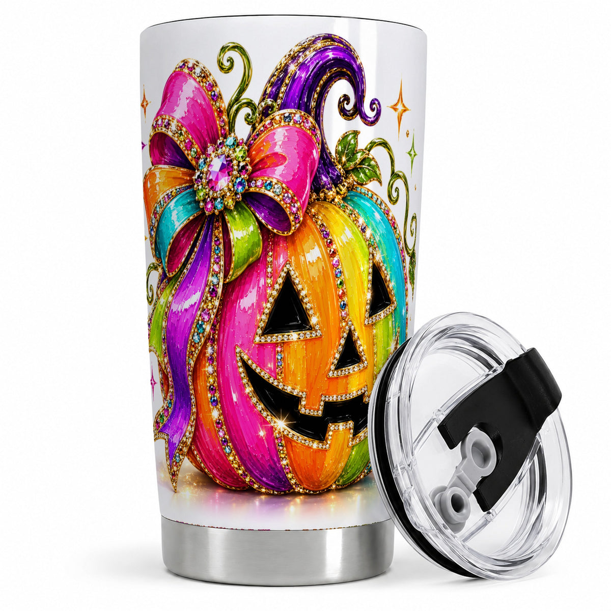 Rainbow Halloween Pumpkin 20oz Tumbler, Jewel-Inspired Bow Drinkware