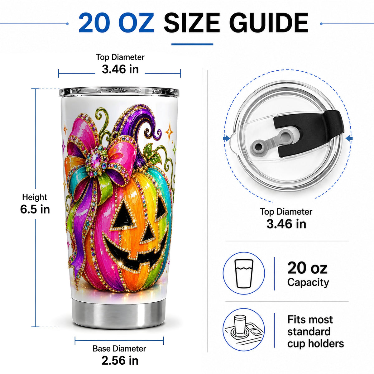 #pl[20oz|Steel] Rainbow Halloween Pumpkin 20oz Tumbler, Jewel-Inspired Bow Drinkware