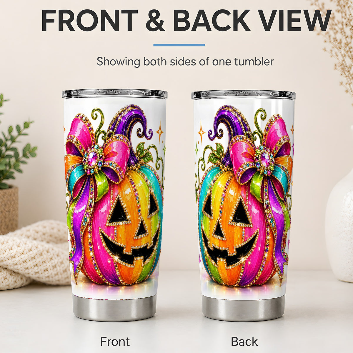 #pl[20oz|Steel] Rainbow Halloween Pumpkin 20oz Tumbler, Jewel-Inspired Bow Drinkware