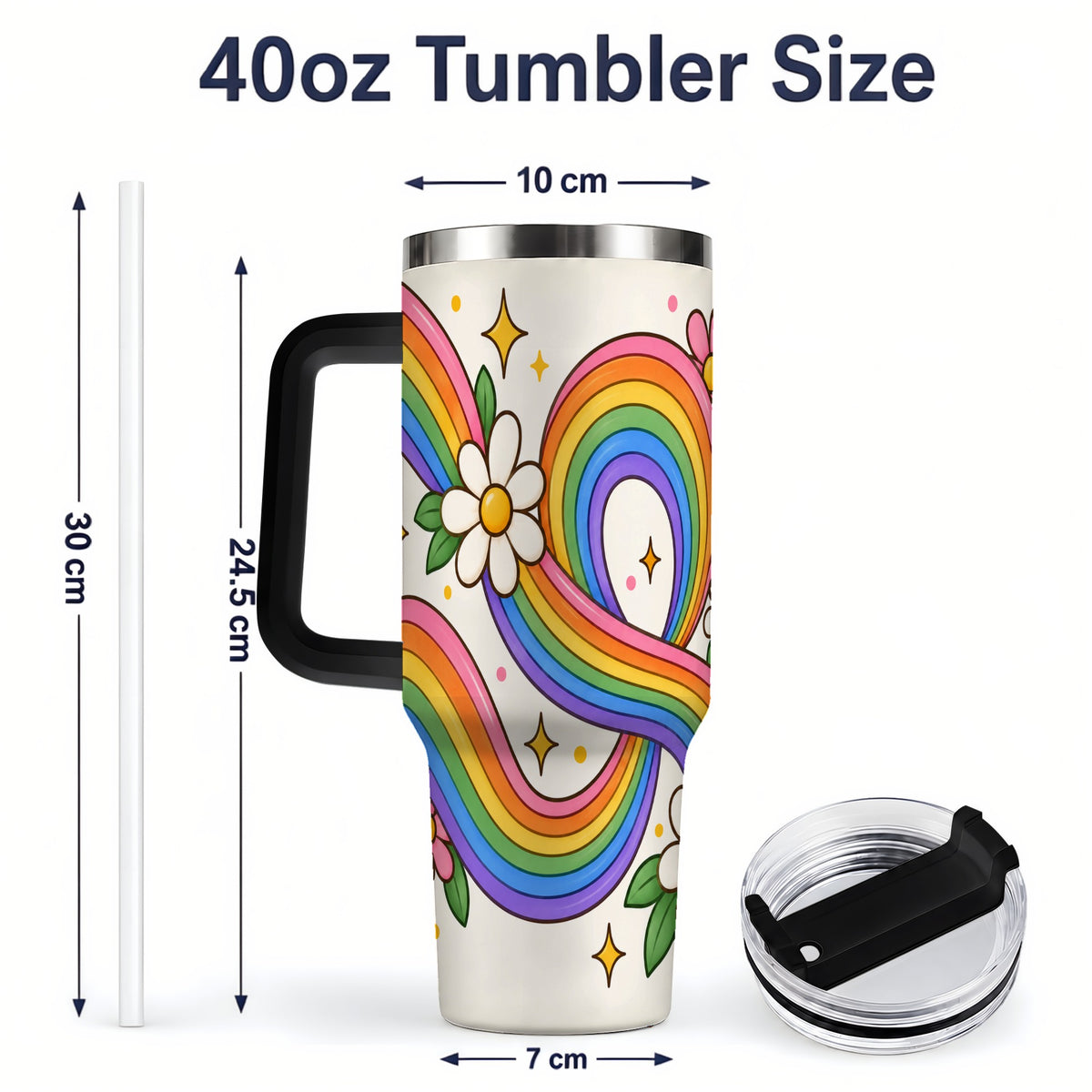 #pl[40oz|Black] Rainbow Floral 40oz Tumbler with Daisies and Colorful Waves