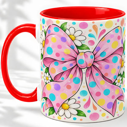 Pink Polka Dot Bow Ceramic Mug with Daisy Floral Artwork