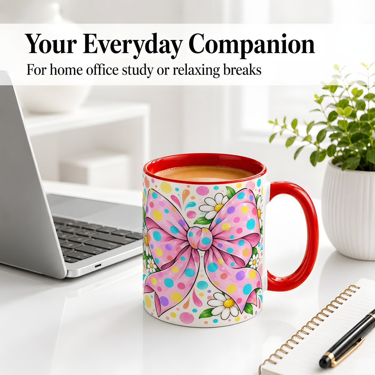 #pl[11oz|Red] Pink Polka Dot Bow Ceramic Mug with Daisy Floral Artwork