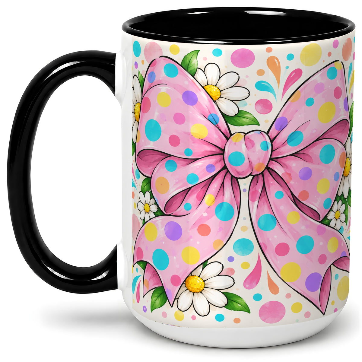 #pl[15oz|Black] Pink Polka Dot Bow Ceramic Mug with Daisy Floral Artwork