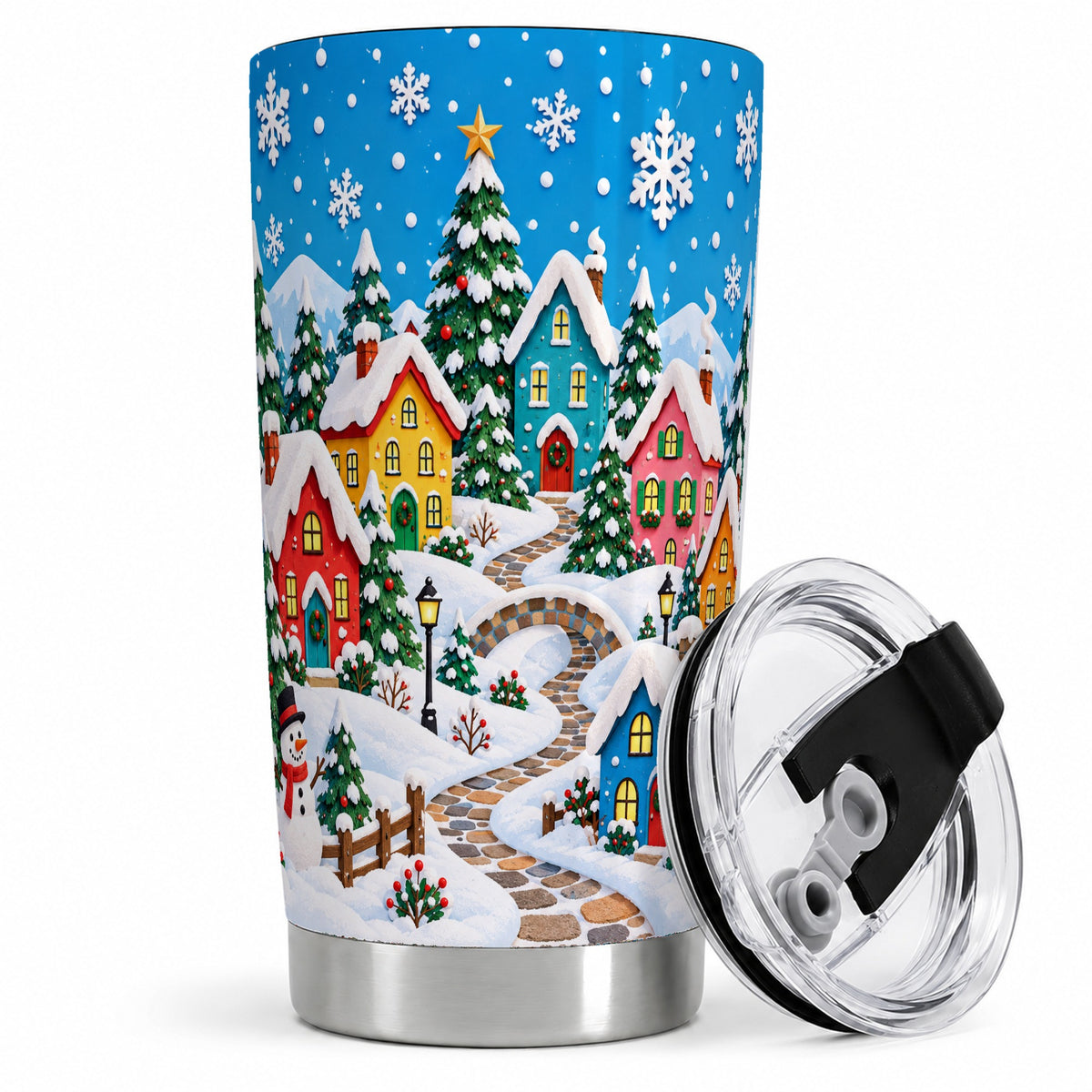 Christmas Village 20oz Tumbler, Colorful Snowy Winter Scene Drinkware
