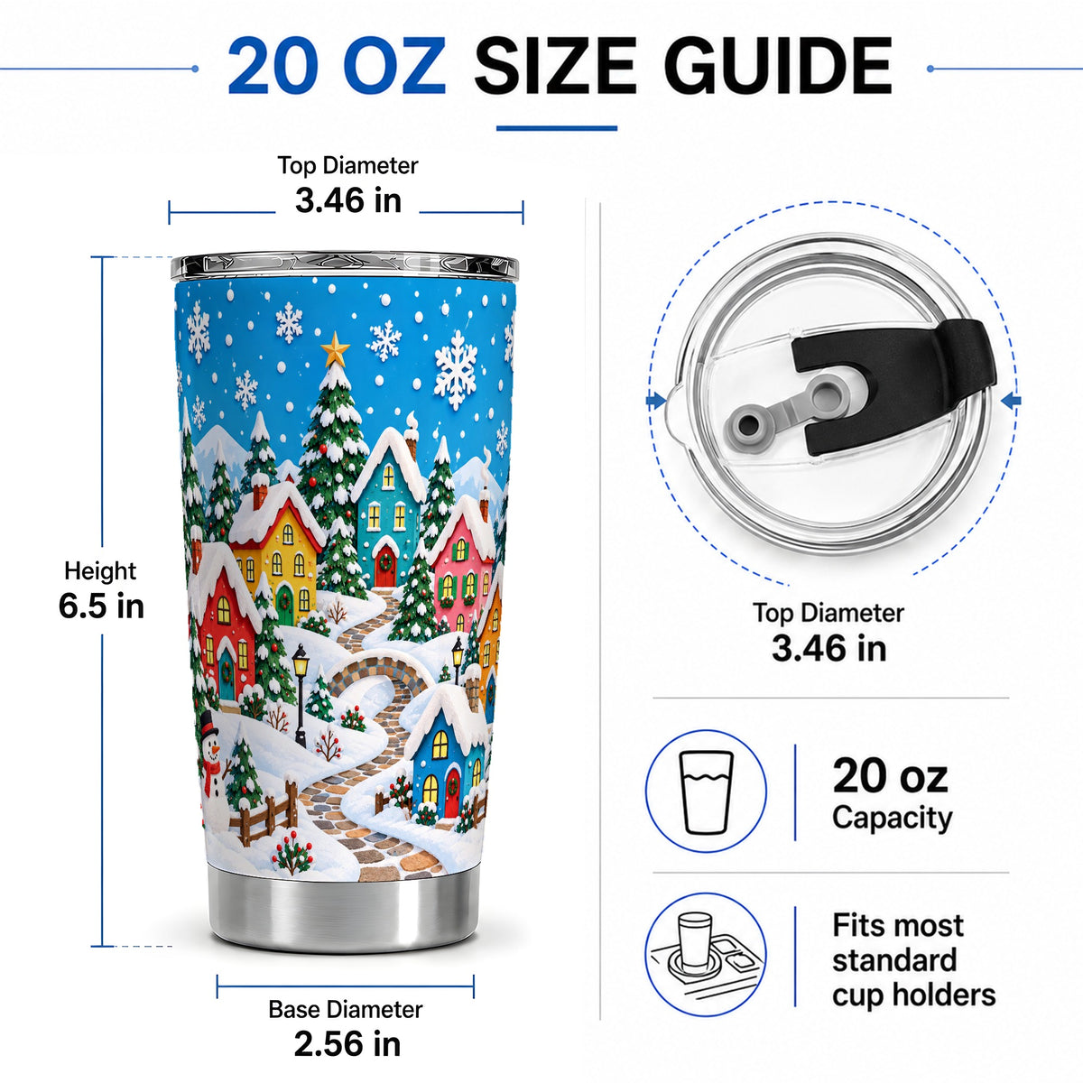 #pl[20oz|Steel] Christmas Village 20oz Tumbler, Colorful Snowy Winter Scene Drinkware