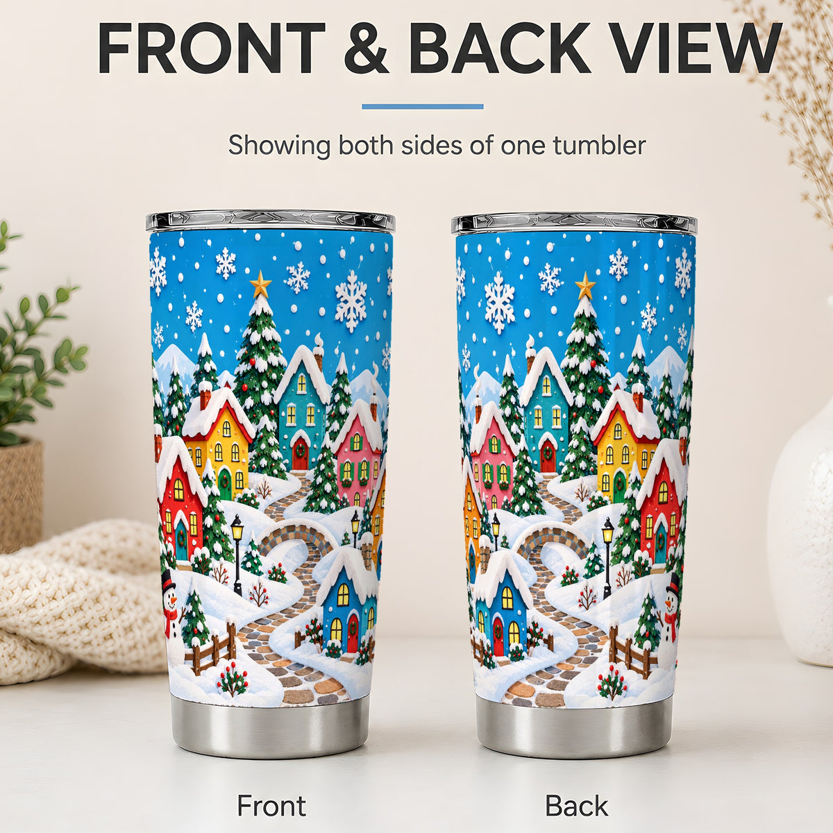 #pl[20oz|Steel] Christmas Village 20oz Tumbler, Colorful Snowy Winter Scene Drinkware