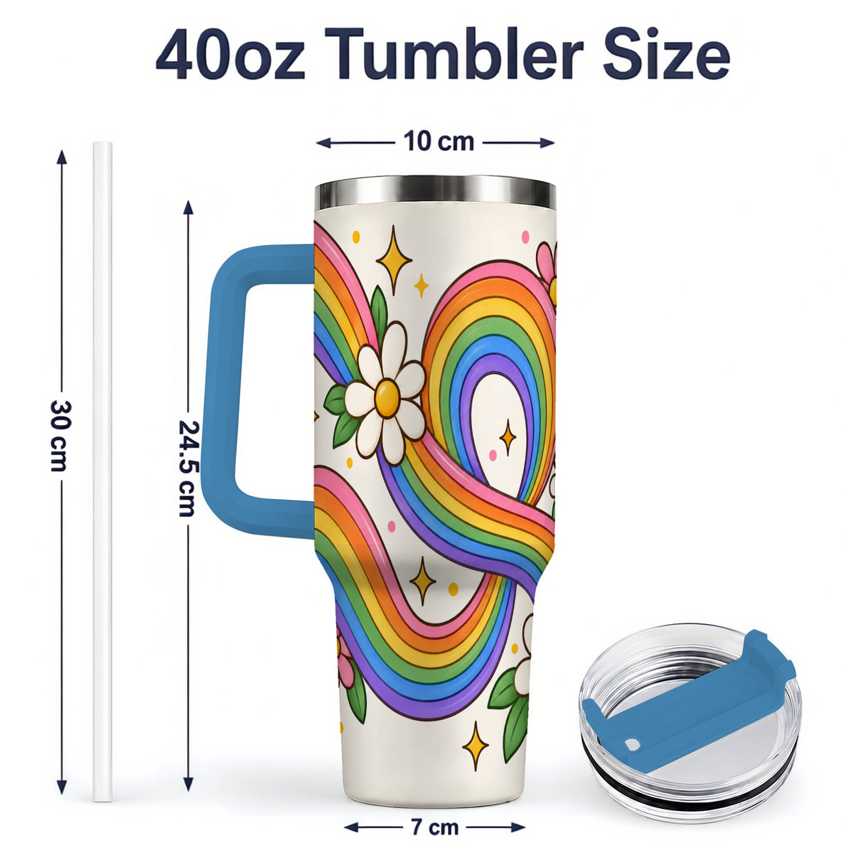 #pl[40oz|Blue] Rainbow Floral 40oz Tumbler with Daisies and Colorful Waves