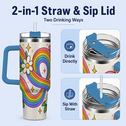 #pl[40oz|Blue] Rainbow Floral 40oz Tumbler with Daisies and Colorful Waves