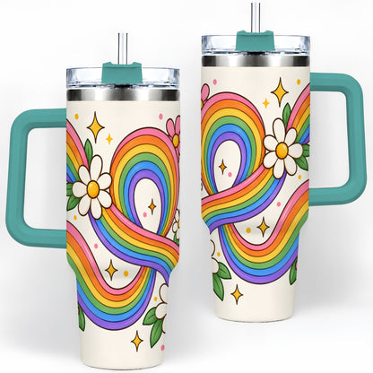 #pl[40oz|Green] Rainbow Floral 40oz Tumbler with Daisies and Colorful Waves