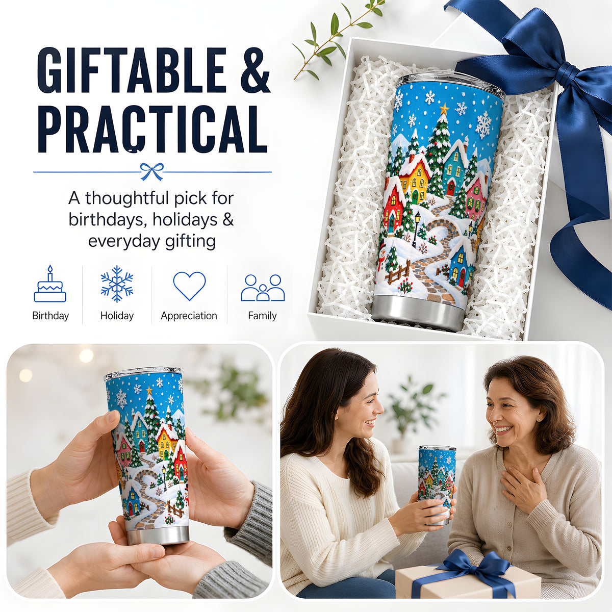 Christmas Village 20oz Tumbler, Colorful Snowy Winter Scene Drinkware