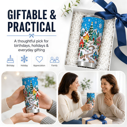 Christmas Village 20oz Tumbler, Colorful Snowy Winter Scene Drinkware