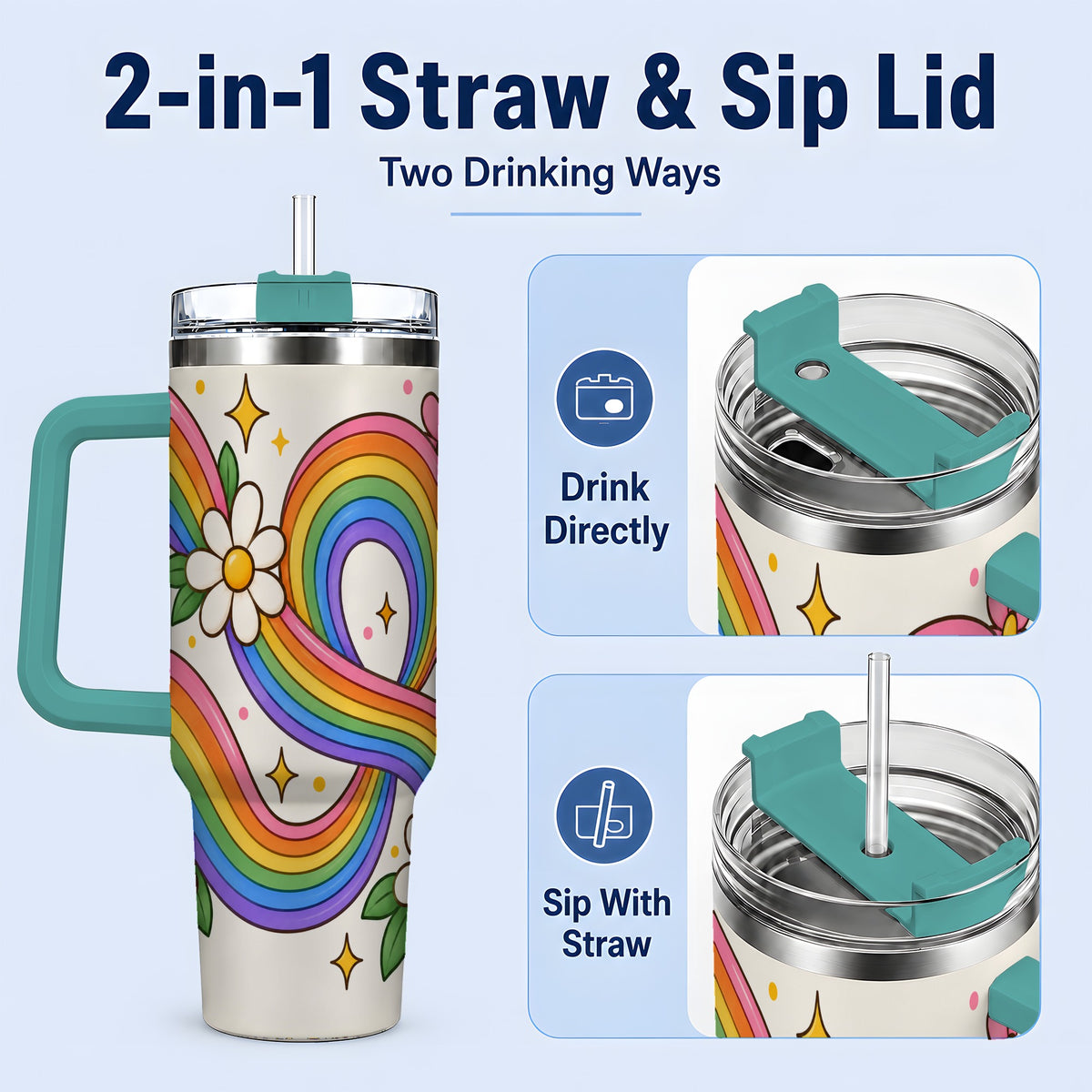 #pl[40oz|Green] Rainbow Floral 40oz Tumbler with Daisies and Colorful Waves