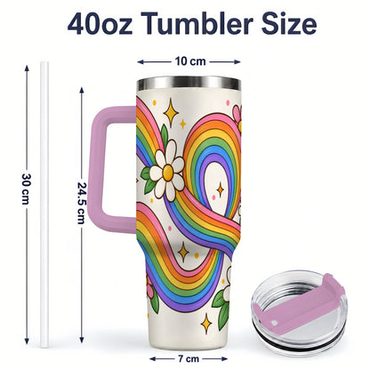 #pl[40oz|Pink] Rainbow Floral 40oz Tumbler with Daisies and Colorful Waves
