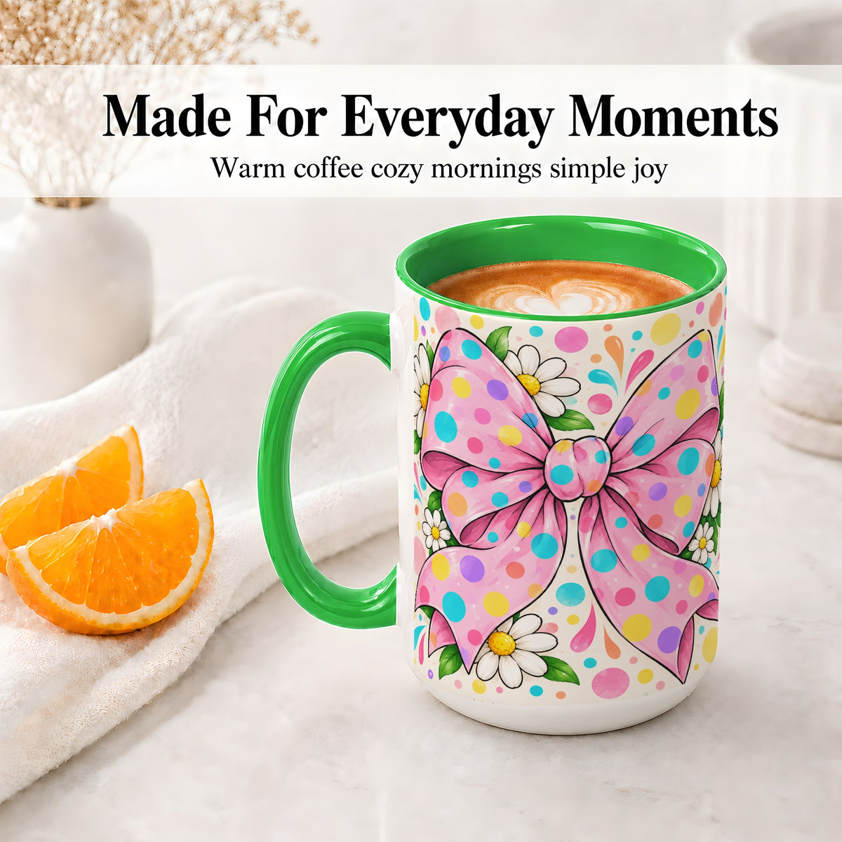 #pl[15oz|Green] Pink Polka Dot Bow Ceramic Mug with Daisy Floral Artwork