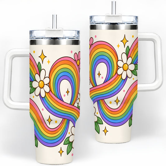 Rainbow Floral 40oz Tumbler with Daisies and Colorful Waves