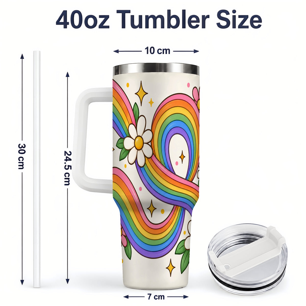 #pl[40oz|White] Rainbow Floral 40oz Tumbler with Daisies and Colorful Waves