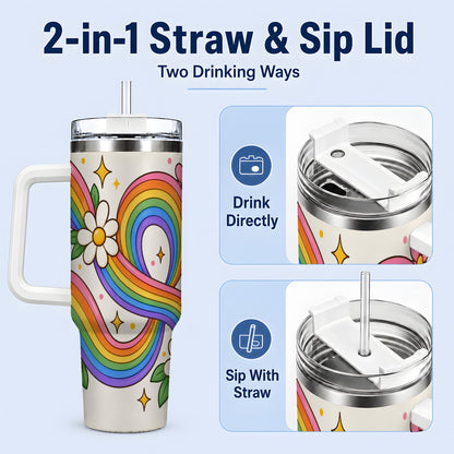 #pl[40oz|White] Rainbow Floral 40oz Tumbler with Daisies and Colorful Waves