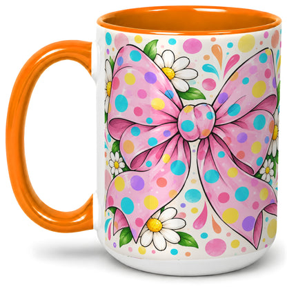 #pl[15oz|Orange] Pink Polka Dot Bow Ceramic Mug with Daisy Floral Artwork