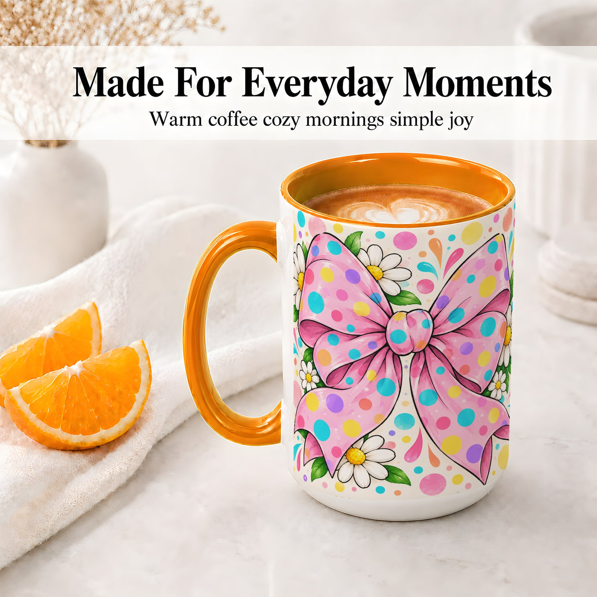 #pl[15oz|Orange] Pink Polka Dot Bow Ceramic Mug with Daisy Floral Artwork