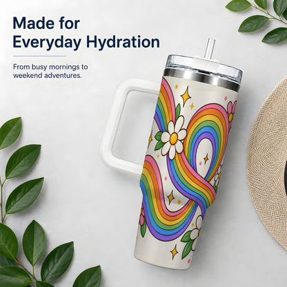 Rainbow Floral 40oz Tumbler with Daisies and Colorful Waves