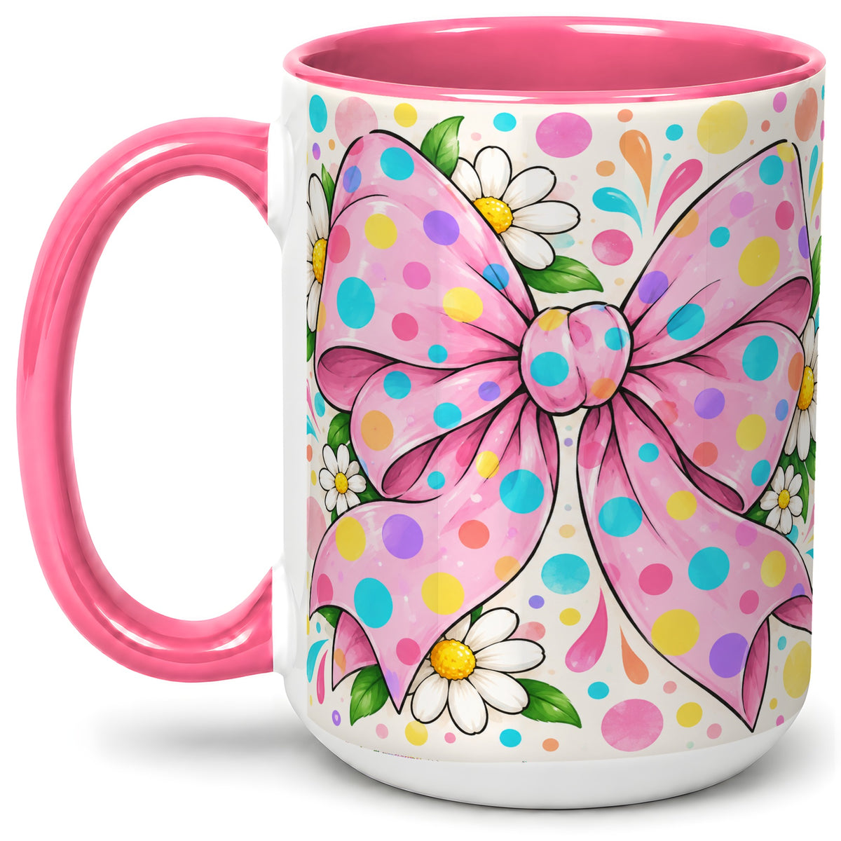 #pl[15oz|Pink] Pink Polka Dot Bow Ceramic Mug with Daisy Floral Artwork