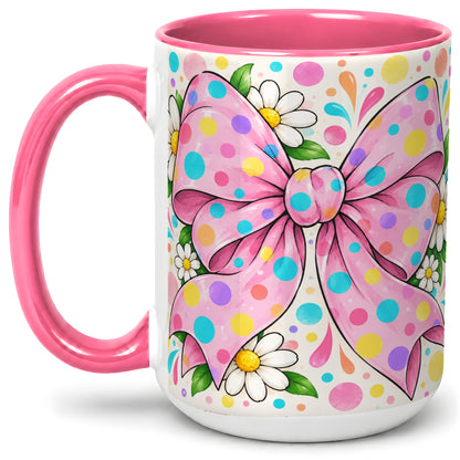 #pl[15oz|Pink] Pink Polka Dot Bow Ceramic Mug with Daisy Floral Artwork