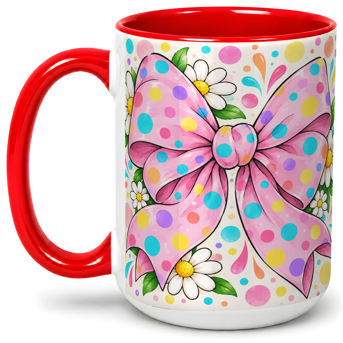 #pl[15oz|Red] Pink Polka Dot Bow Ceramic Mug with Daisy Floral Artwork