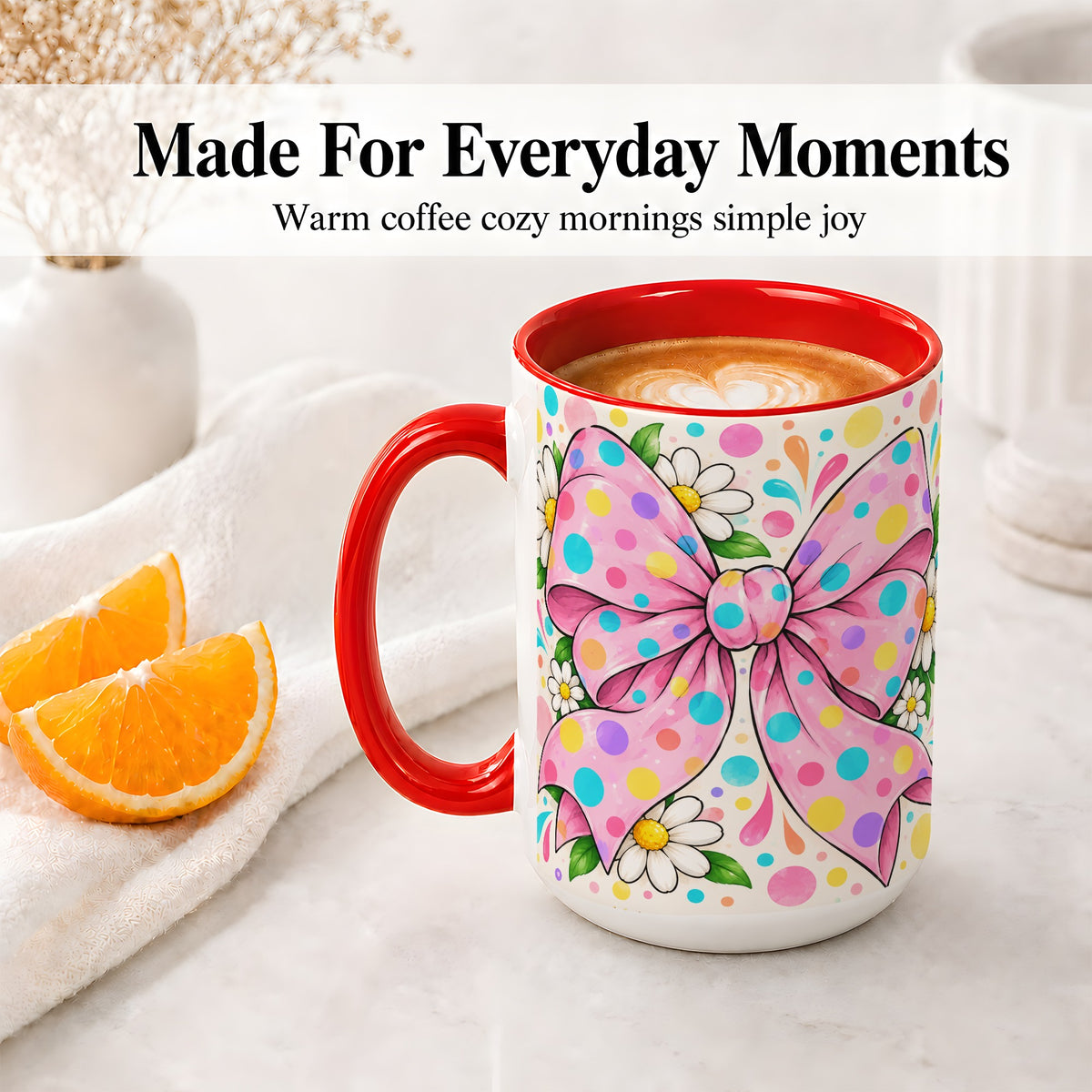 #pl[15oz|Red] Pink Polka Dot Bow Ceramic Mug with Daisy Floral Artwork