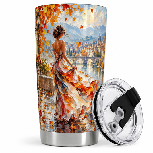 Autumn Riverside Woman 20oz Stainless Steel Tumbler with Scenic Artwork