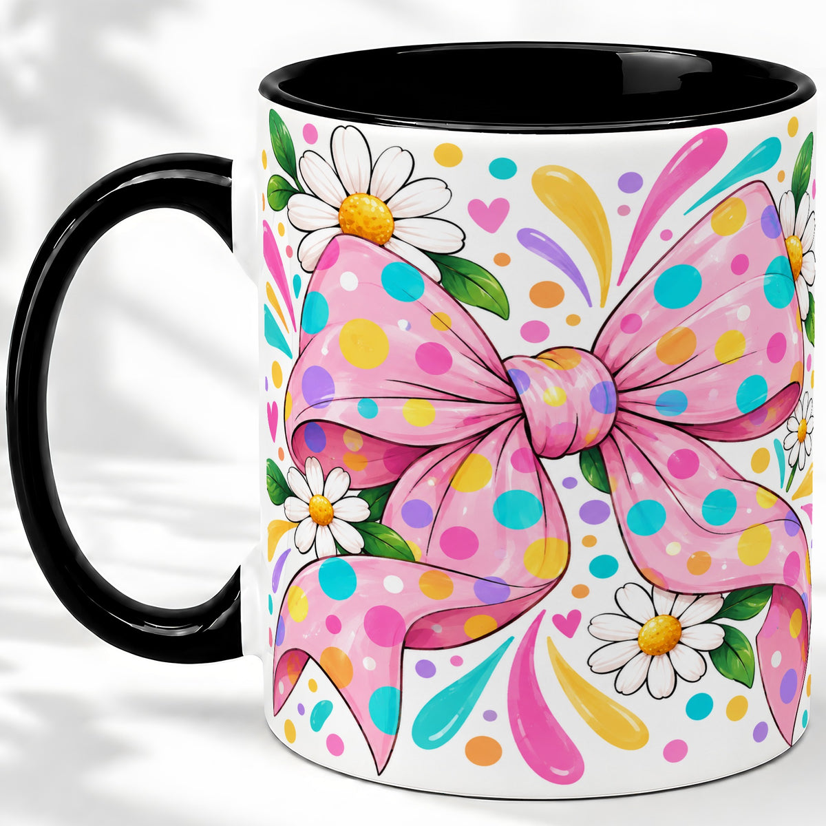#pl[11oz|Black] Daisy Polka Dot Bow Ceramic Mug with Colorful Floral Artwork