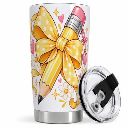 Cute Pencil Bow 20oz Stainless Steel Tumbler with School Theme Artwork