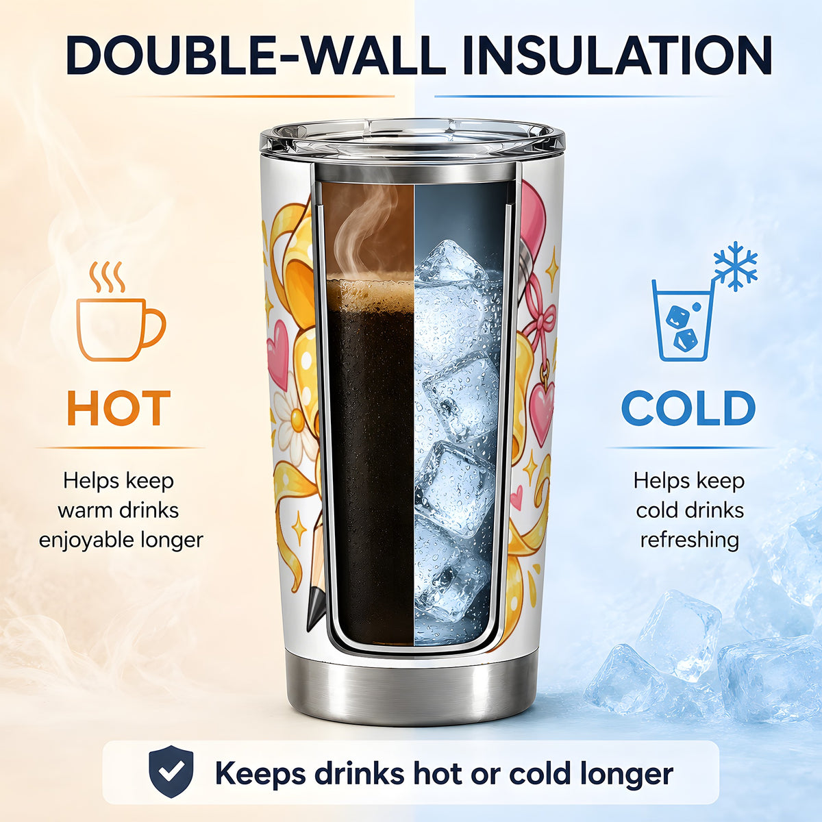 Cute Pencil Bow 20oz Stainless Steel Tumbler with School Theme Artwork