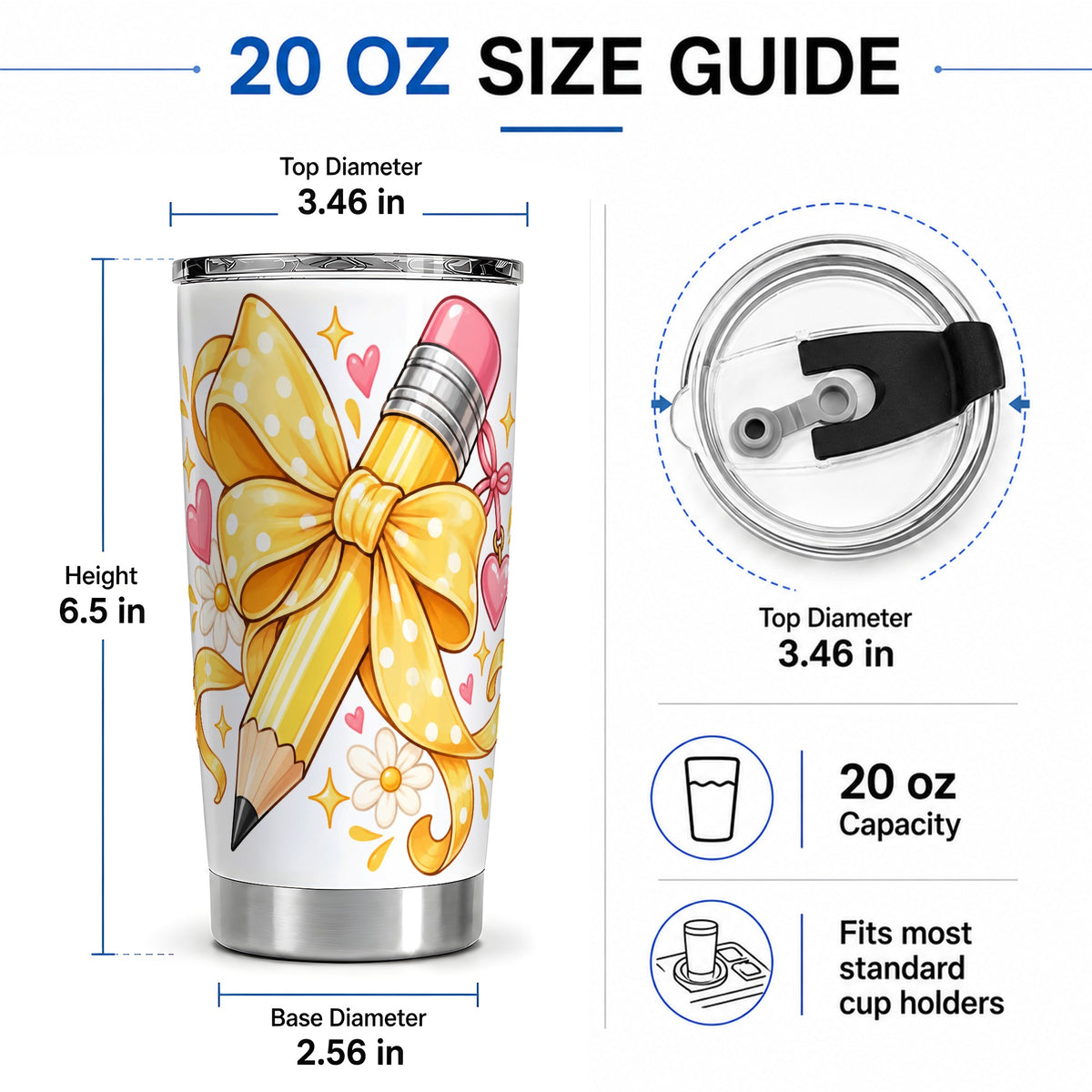 #pl[20oz|Steel] Cute Pencil Bow 20oz Stainless Steel Tumbler with School Theme Artwork