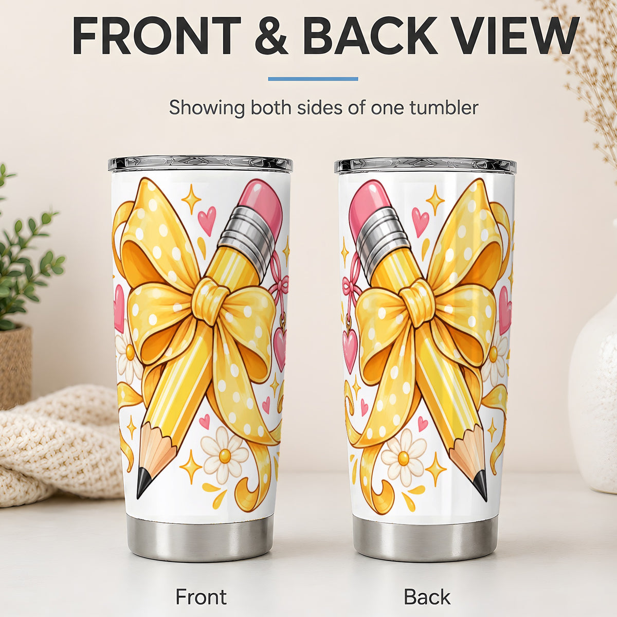 #pl[20oz|Steel] Cute Pencil Bow 20oz Stainless Steel Tumbler with School Theme Artwork