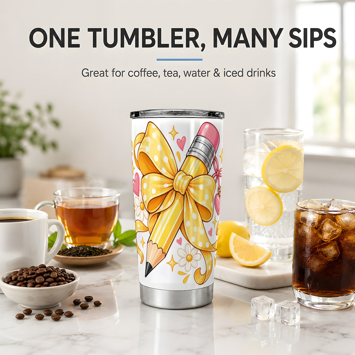 Cute Pencil Bow 20oz Stainless Steel Tumbler with School Theme Artwork