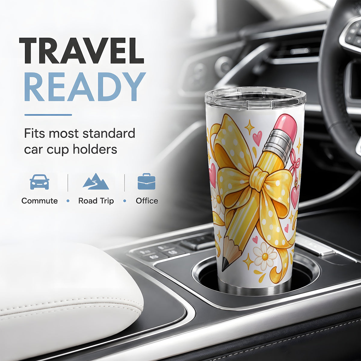 Cute Pencil Bow 20oz Stainless Steel Tumbler with School Theme Artwork
