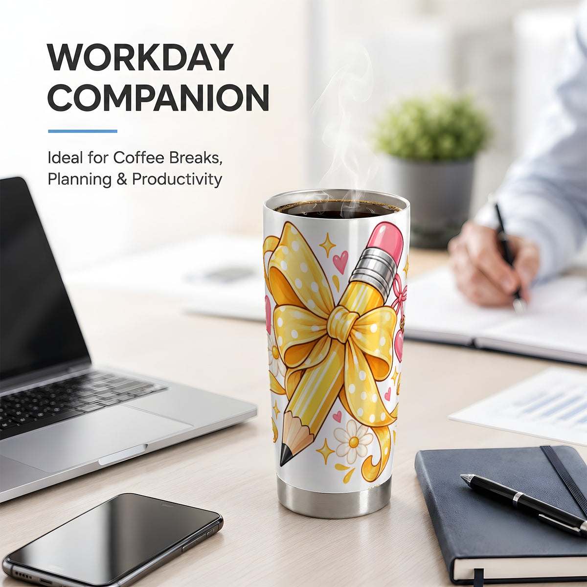 Cute Pencil Bow 20oz Stainless Steel Tumbler with School Theme Artwork