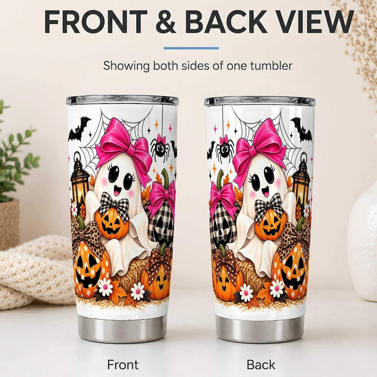 #pl[20oz|Steel] Cute Halloween Ghost 20oz Stainless Steel Tumbler with Pumpkin Artwork