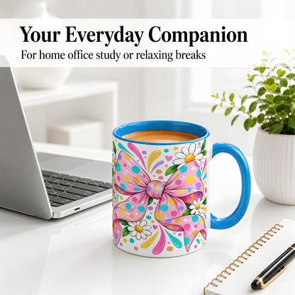 #pl[11oz|Blue] Daisy Polka Dot Bow Ceramic Mug with Colorful Floral Artwork