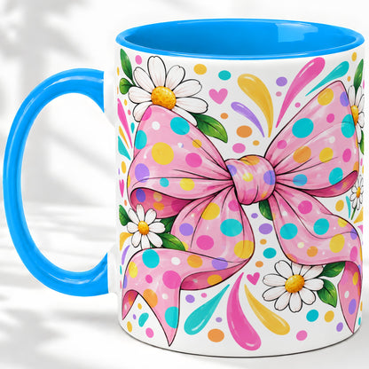 #pl[11oz|Blue] Daisy Polka Dot Bow Ceramic Mug with Colorful Floral Artwork