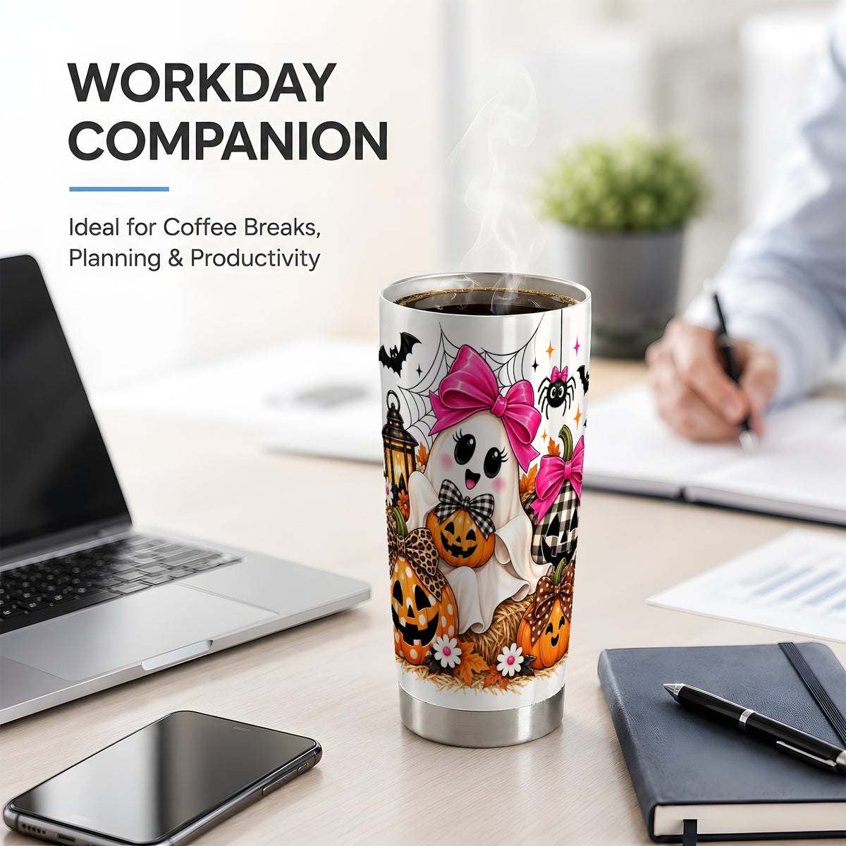Cute Halloween Ghost 20oz Stainless Steel Tumbler with Pumpkin Artwork