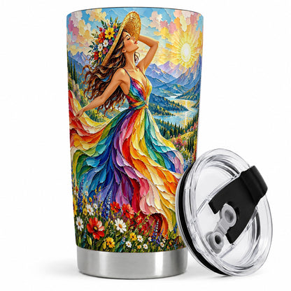 Rainbow Dress Woman 20oz Stainless Steel Tumbler with Mountain Artwork