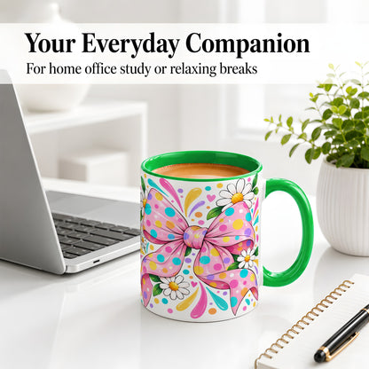 #pl[11oz|Green] Daisy Polka Dot Bow Ceramic Mug with Colorful Floral Artwork