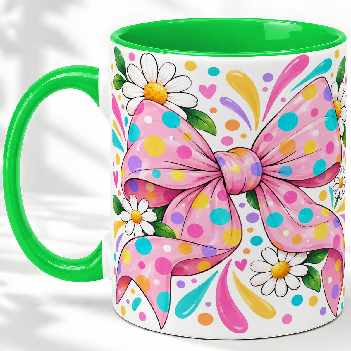 #pl[11oz|Green] Daisy Polka Dot Bow Ceramic Mug with Colorful Floral Artwork