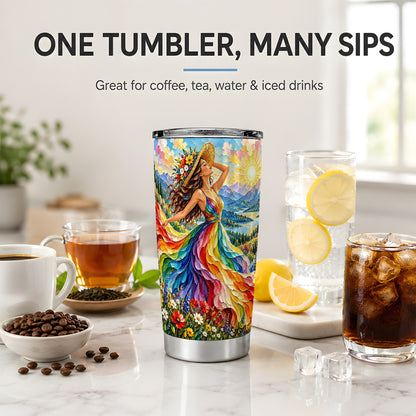 Rainbow Dress Woman 20oz Stainless Steel Tumbler with Mountain Artwork
