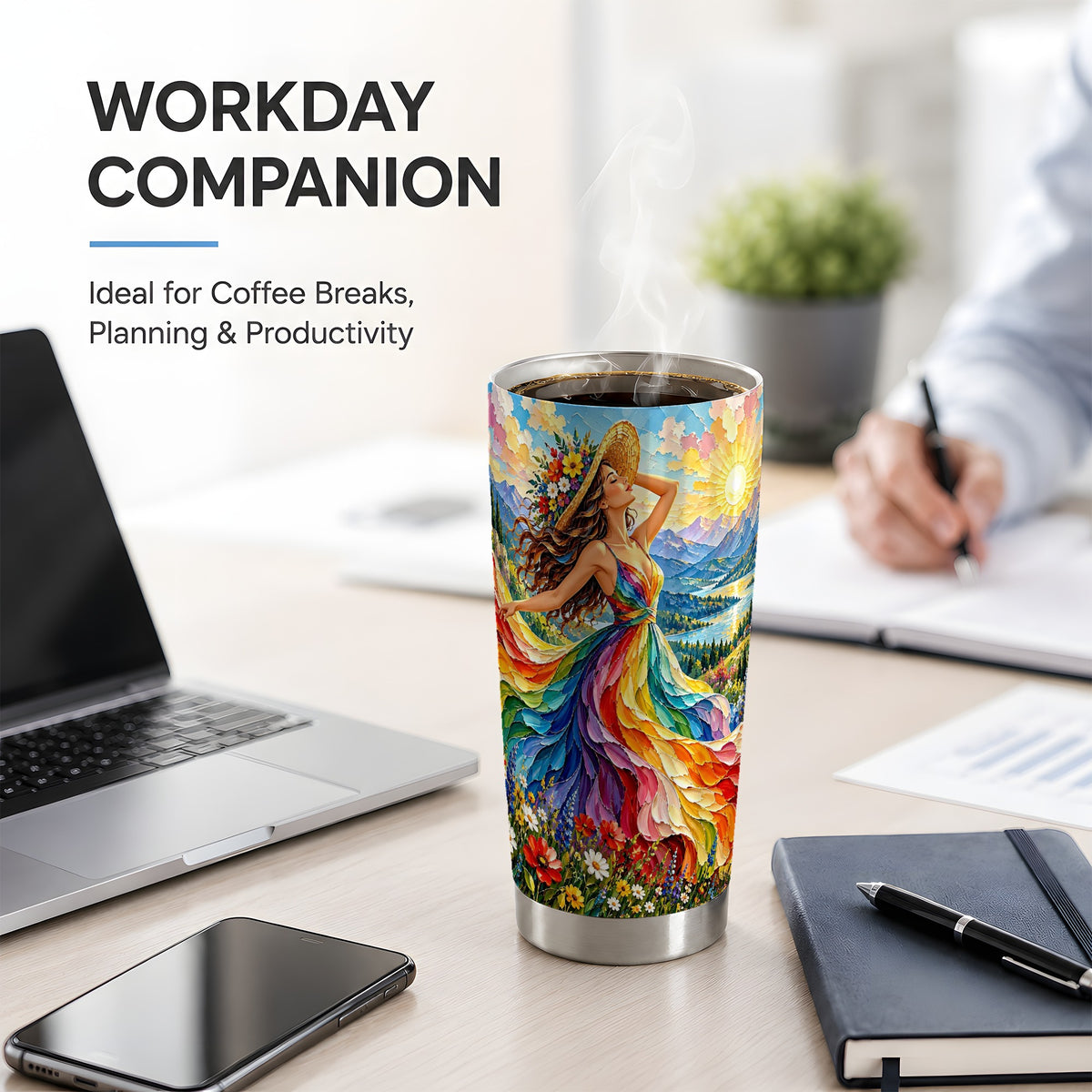 Rainbow Dress Woman 20oz Stainless Steel Tumbler with Mountain Artwork