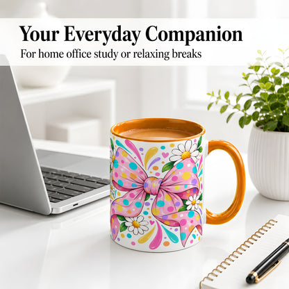 #pl[11oz|Orange] Daisy Polka Dot Bow Ceramic Mug with Colorful Floral Artwork