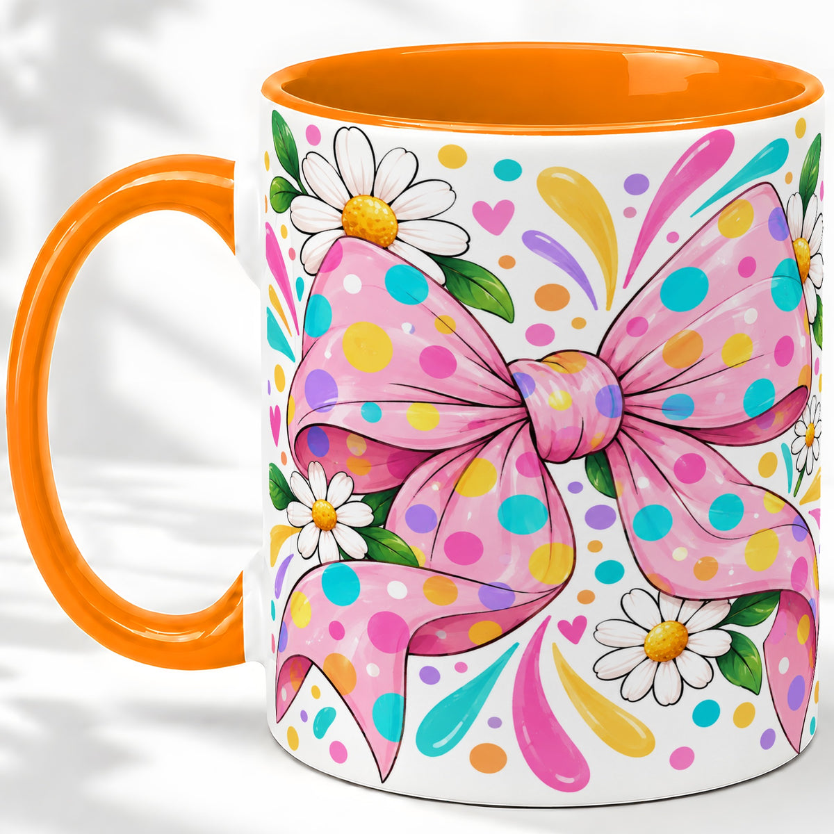#pl[11oz|Orange] Daisy Polka Dot Bow Ceramic Mug with Colorful Floral Artwork