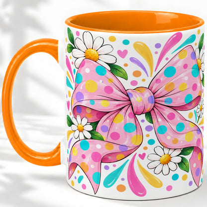 #pl[11oz|Orange] Daisy Polka Dot Bow Ceramic Mug with Colorful Floral Artwork