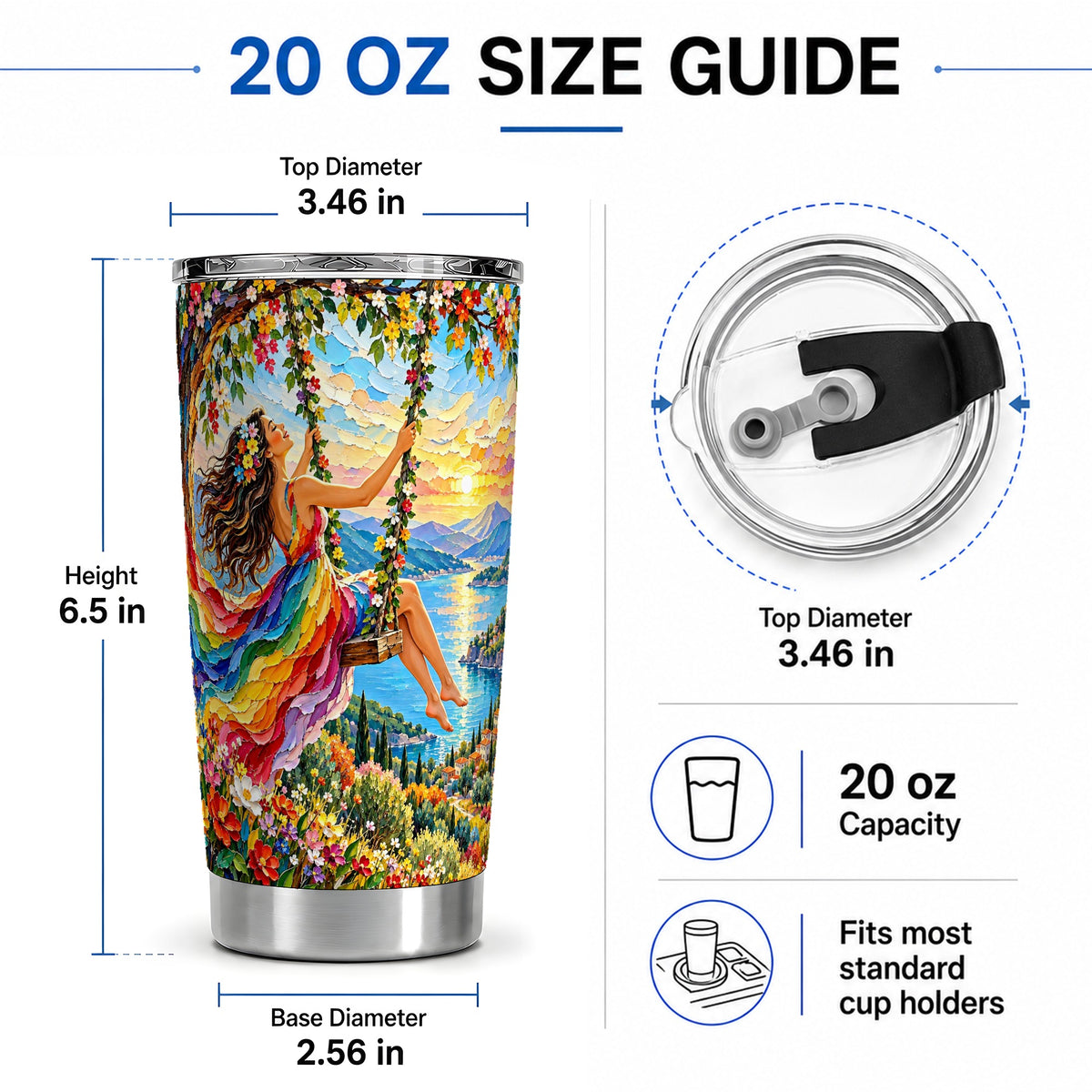 #pl[20oz|Steel] Rainbow Swing Woman 20oz Stainless Steel Tumbler with Mountain Artwork